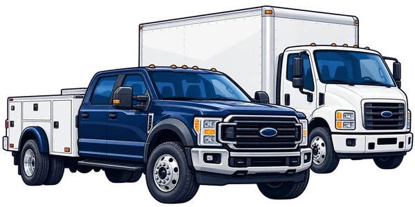 Illustrated box truck and heavy-duty utility work truck