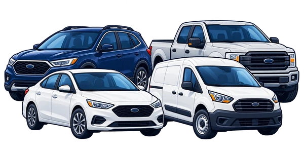Illustrated mixed fleet of a sedan, SUV, pickup, and cargo van